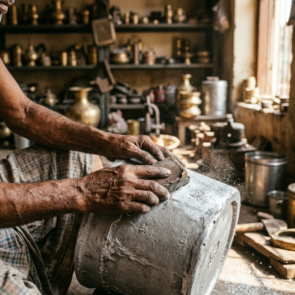 Artisan finishing a hand-cast aluminum vessel