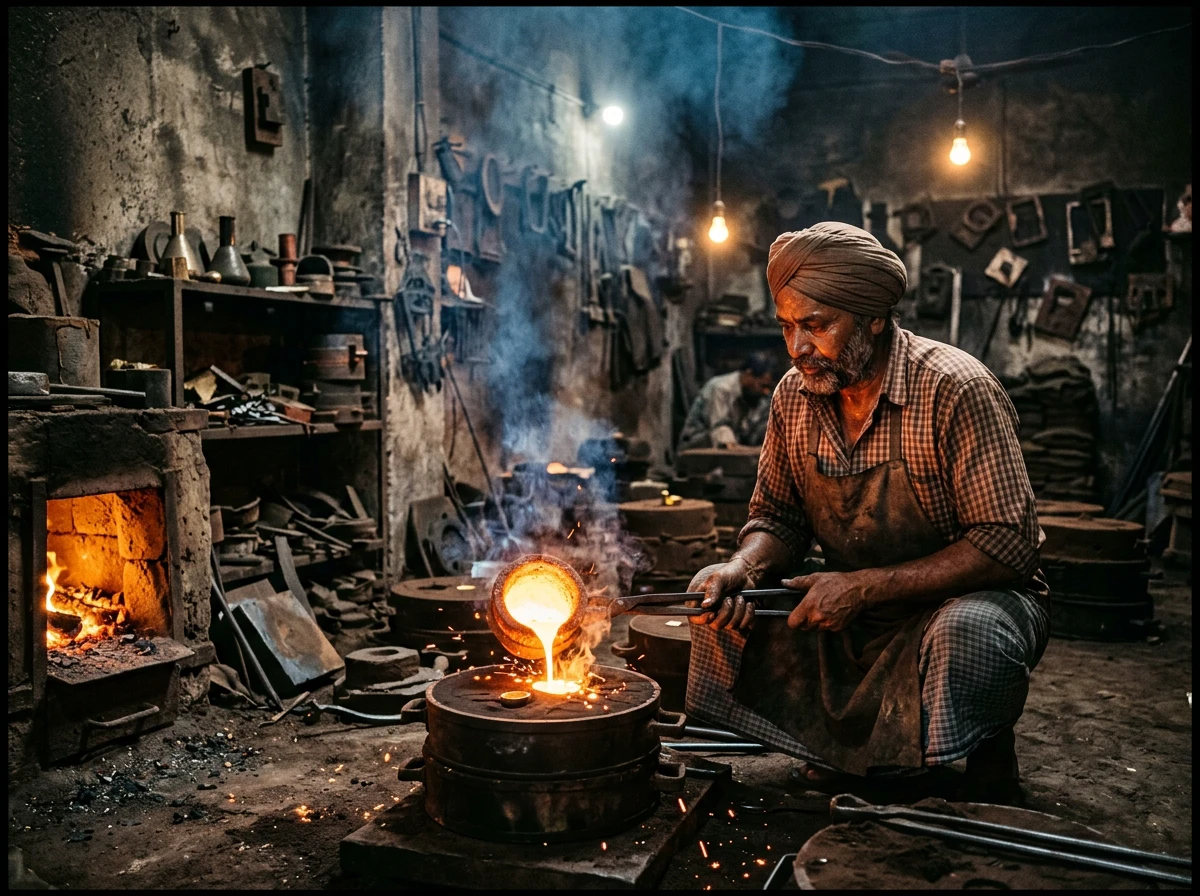 Artisan pouring molten metal in Moradabad workshop
