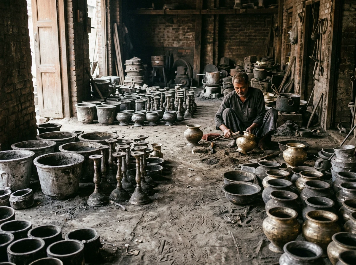 Artisan crafting brass urn in Moradabad workshop