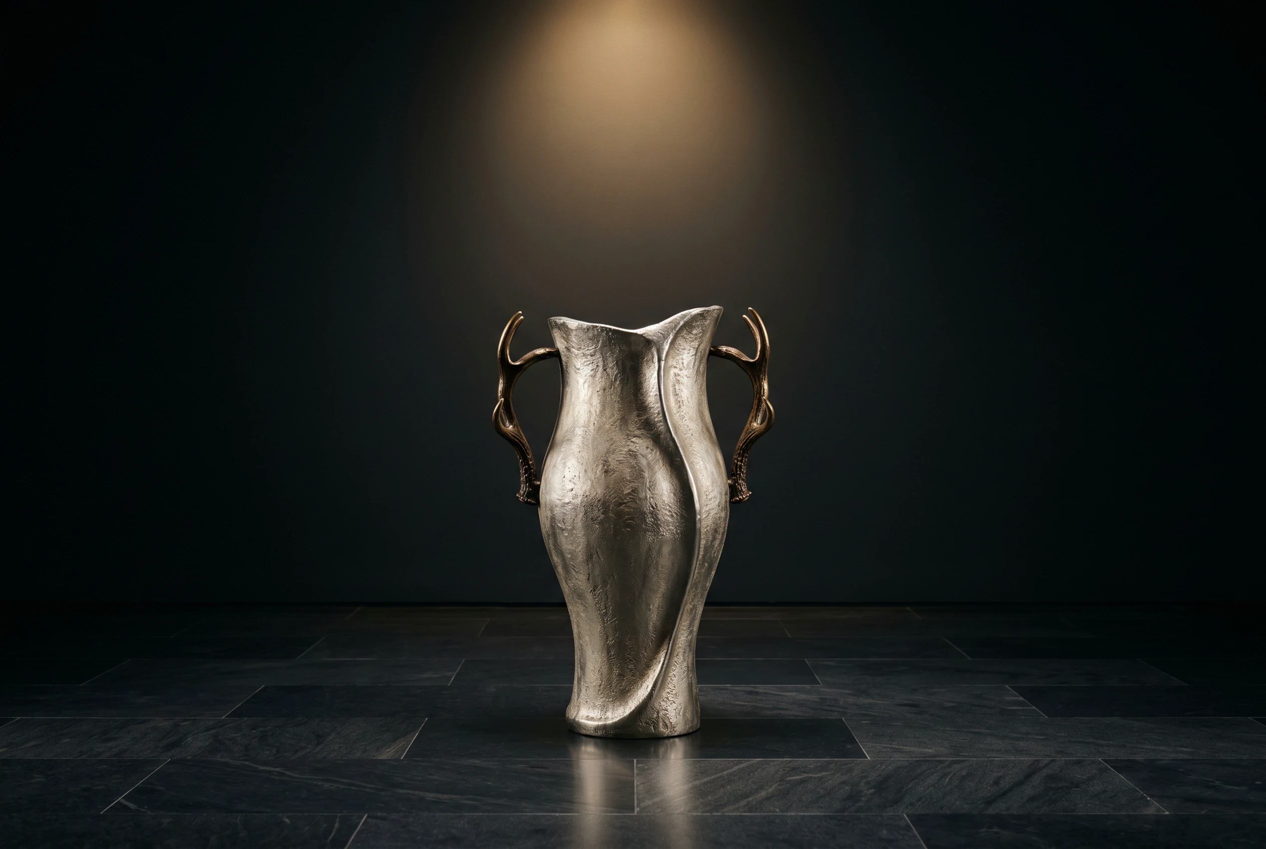 Hand-cast aluminum and brass urn with antler handles