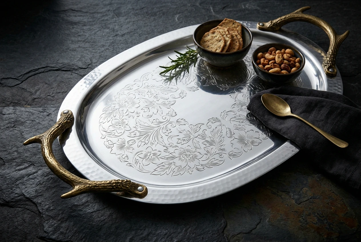 Oval serving tray with brass antler handles