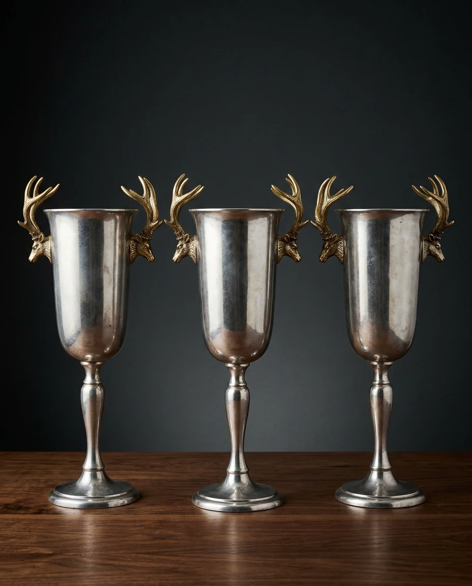 Three silver and brass stag head wine coolers